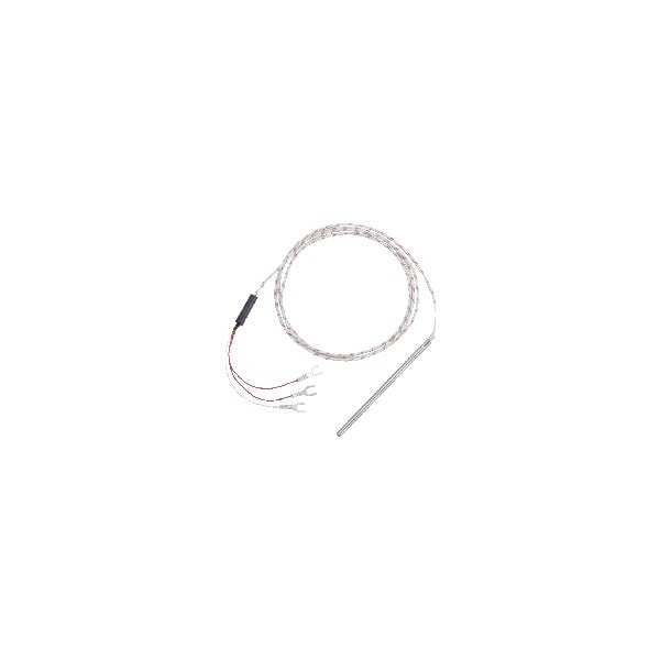 Stainless steel overbraid extension type J thermocouple, 0 Degree bend, No 6 spade terminal.